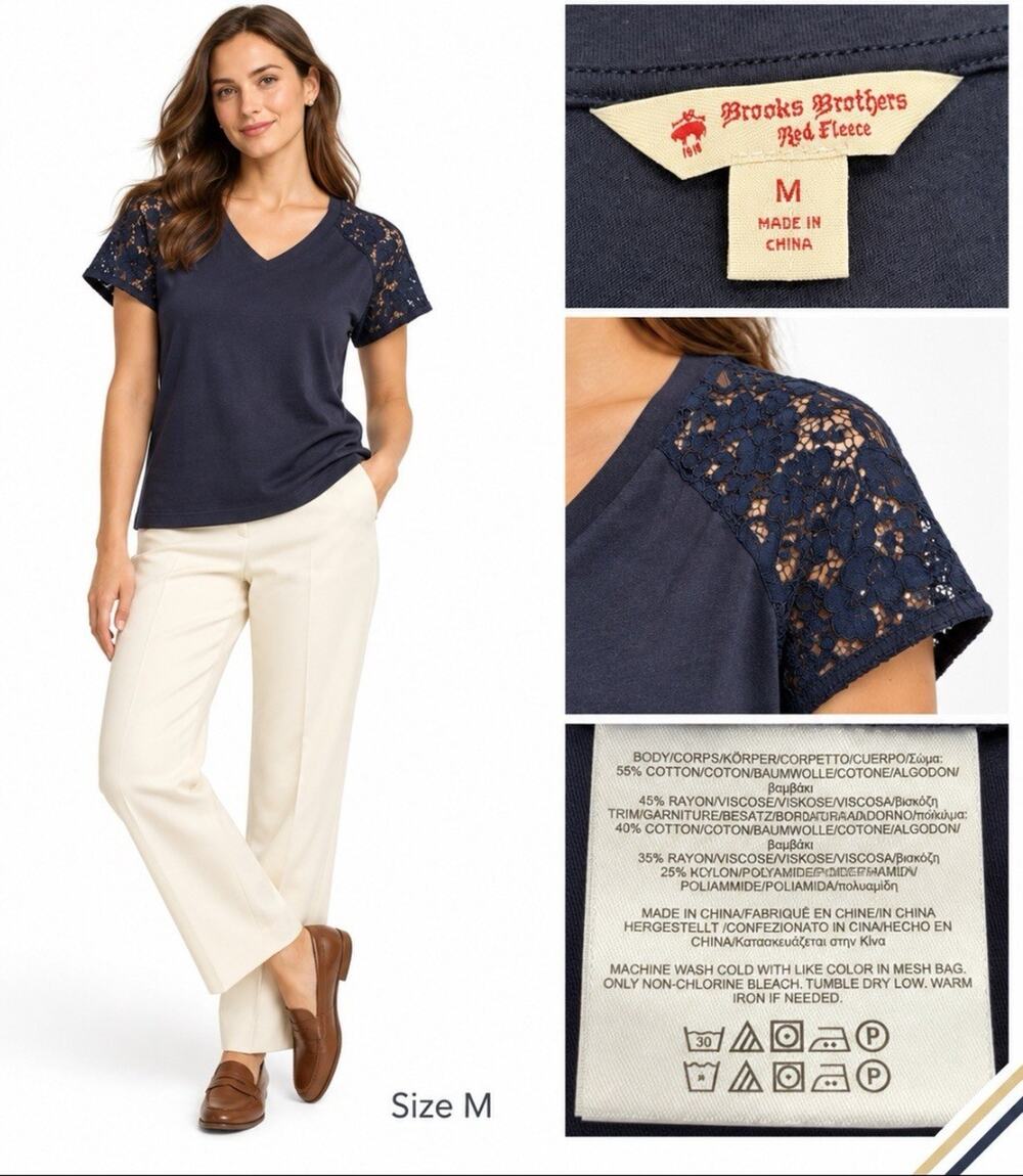 Vintage Preppy Brooks Brothers Women's Lace Sleeve V-Neck Tee Size M Navy Blue